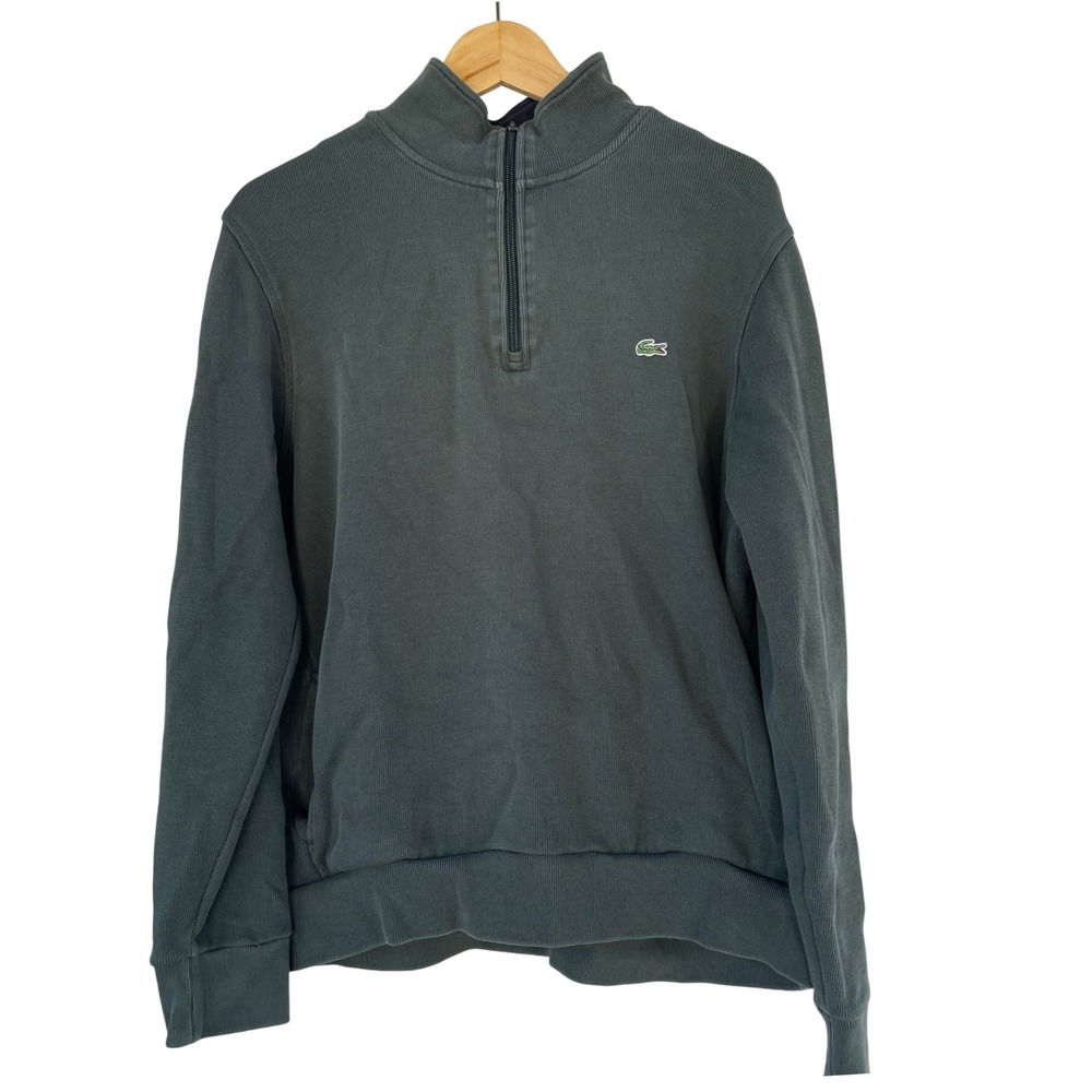 Lacoste Womens XXL Faded Green 1/4 Zip Pullover Cotton Ribbed Sweatshirt FA10614